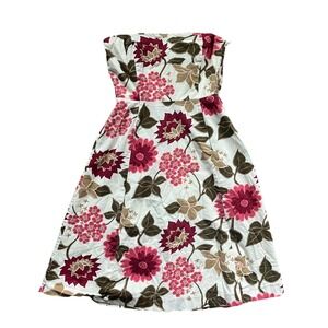 White Pink Floral Strapless A-Line Cotton Blend Dress Sweetheart Neckline XS